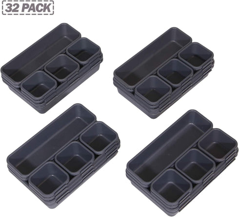 Set of 32 Interlocking Desk Drawer Organizer Tray Dividers, Plastic Storage Bins for Kitchen, Bathroom, Office