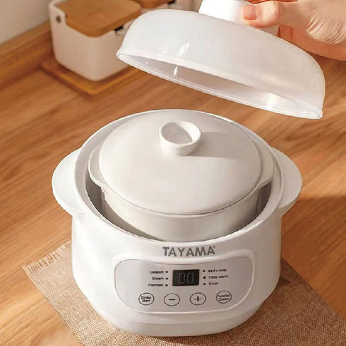 TAYAMA 1 Qt. White Mini Ceramic Stew Cooker - Pre-Settings and Built-In Timer, Small