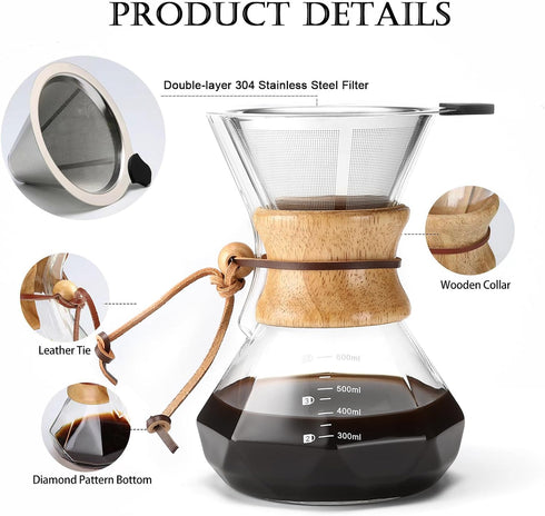Pour Over Coffee Maker with Stainless Steel Filter, 20 oz Borosilicate Glass Carafe, Holds 3-4 Cups
