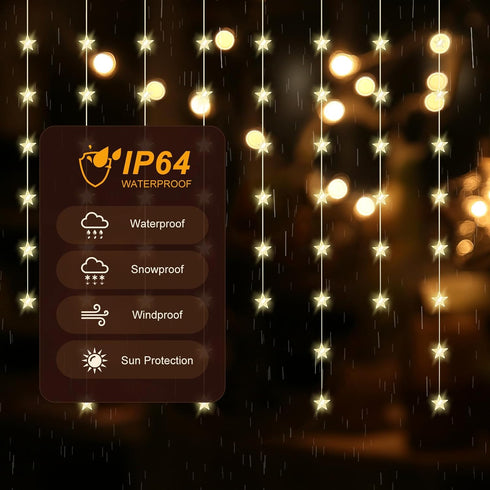 Patioman 70 Star Curtain Lights, Warm White Window Lights Stars Hanging Light with Remote Fairy Led Twinkle String