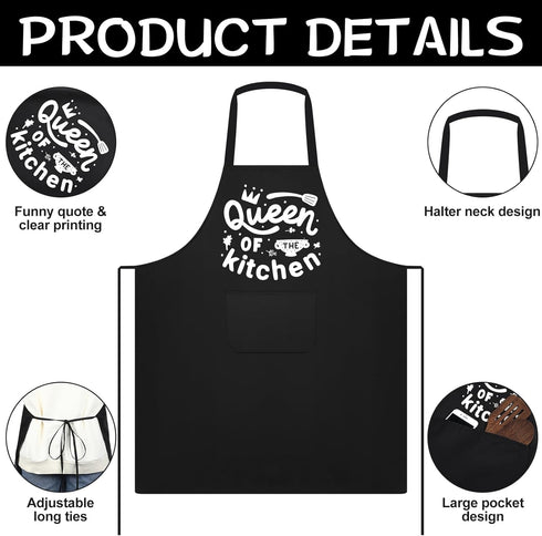 Set of 3 Women Kitchen Aprons, Funny Quotes Pocket Aprons with Adjustable Waist Tie for Cooking, Baking