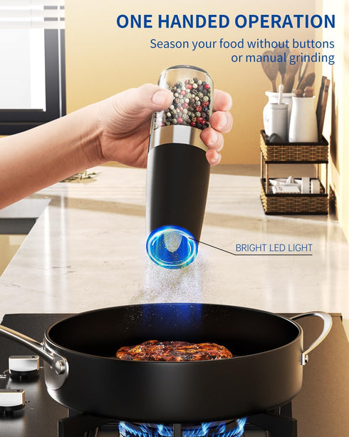 Set Set CIRCLE JOY Gravity Electric Salt and Pepper Grinder Automatic Salt and Pepper Grinder with LED Light, Battery