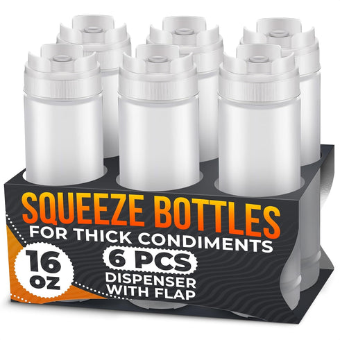 Set of 6 Inverted Condiment Squeeze Bottles 16 oz Upgraded Design with