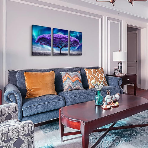 Canvas Wall Art for Living Room, Boho Decor for Bedroom, Aurora Purple Tree Scenery Painting, 12" X 16" 3 Piece