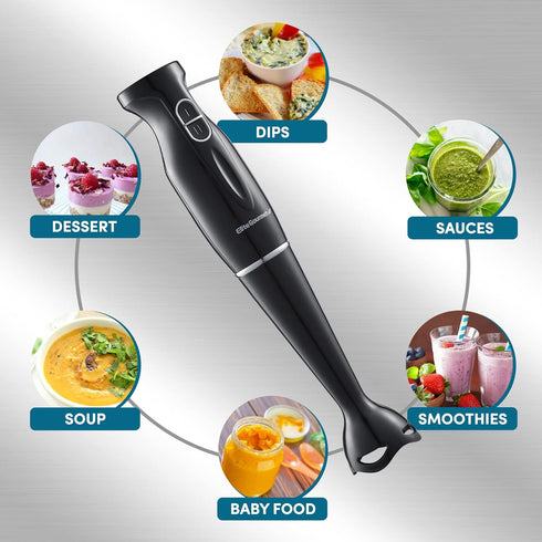 Elite Gourmet EHB3201 Immersion Hand Blender 300 Watts, 2 Speed Mixing with Detachable Blades, Charcoal Black
