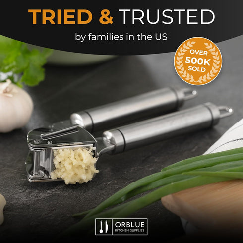 Set ORBLUE Garlic Press Stainless Steel - Premium Professional Grade Garlic Mincer, Crusher & Peeler - Easy Clean
