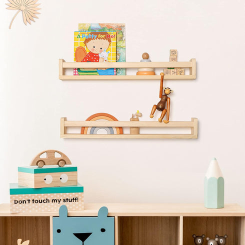 24Inch Set 2 Fun Memories Nursery Book Shelves, Floating Shelf for Wall, Wall Bookshelf for Kids Solid Wood Wall