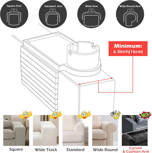 Couch Cup Holder Tray, Large Arm Table Tray with 360° Rotated Phone Holder, 3 in 1 Bamboo Sofa Armrest Organizer
