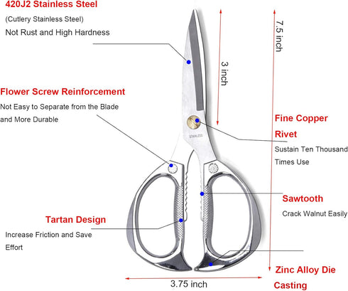 7.5in Stainless Steel Kitchen Scissors, Heavy Duty Shears for Chicken, Meat, Food, Vegetables, BBQ (Silver)