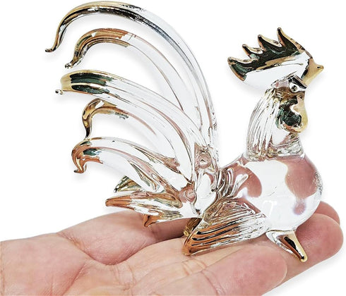 2" 5 Set WitnyStore Tiny Clear Gold Chicken Family Figurine Pieces - Miniature Hand Blown Glass Chickens Hen Rooster