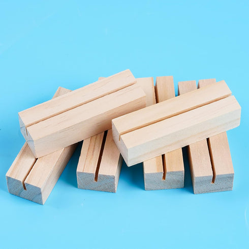 20 Pieces Rustic Wooden Place Card Holders with Brown Paper Cards for Wedding Reception Party Decoration, 2.75inch