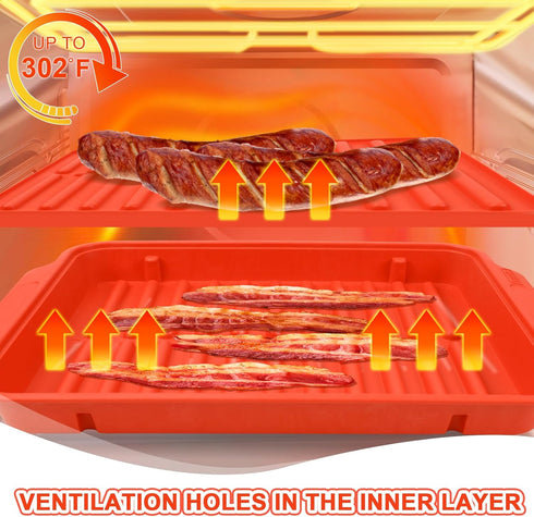 Double Microwave Bacon Cooker/Tray with Splatter Lid, Safe and Easy Clean Kitchen Tool (Red)