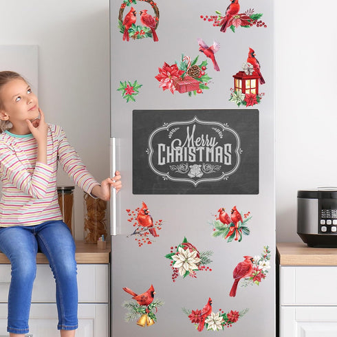 AnyDesign 12Pcs Christmas Refrigerator Magnets, Cardinal Holly Decorative Stickers for Indoor Outdoor Decor