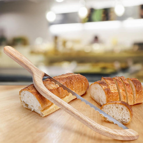 Wooden Bread Bow Knife, 15.7" Serrated Bagel Cutter for Homemade Bread, Kitchen Gift for Baker