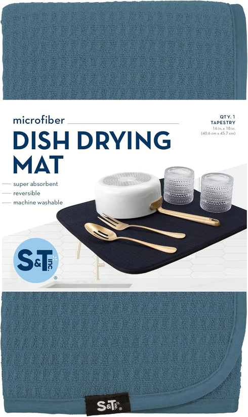 S&T INC. Highly Absorbent Microfiber Dish Drying Mat, Large 16" x 18" Kitchen Counter Pad for Dishes, Tapestry Blue