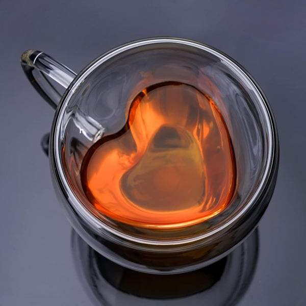 Heart Shaped Double Walled Insulated Glass Coffee Mugs, 8 oz Clear Aesthetic Tea Cups