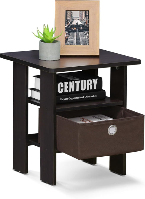 Furinno ANDREY Side Table, End Table, Night Stand with Open Shelves and Storage Bin, Bedside Table, for Living Room