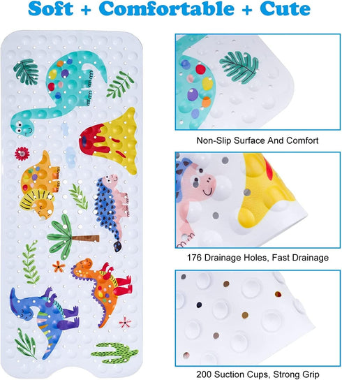 GDV Extra Large Baby Bath Mat for Tub, 40 X 16 Inch Non-Slip Cartoon Kids Bath Mat with Suction Cups & Drain Holes