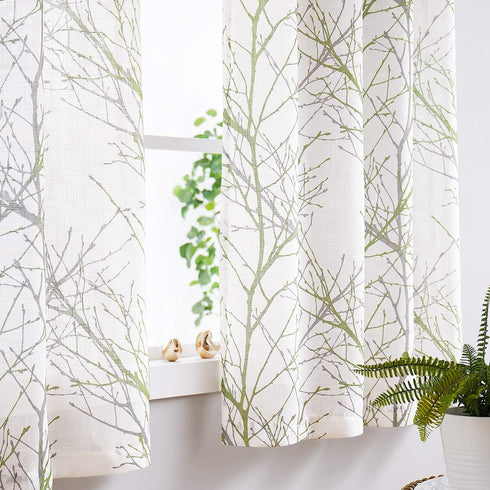 FMFUNCTEX Sage Green Kitchen Curtains, Semi Sheer Linen Tiers for Bathroom, Cafe, 24 Inch Length, 2 Panels