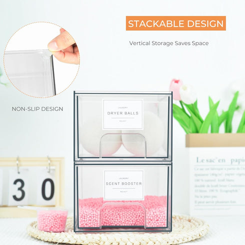 Laundry Room Organization Storage Drawer with Labels, Clear Stackable Drawers for Laundry Room Organizing Decor