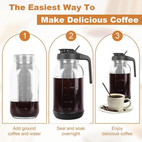QHH 64oz Cold Brew Coffee Maker, Mason Jar Pitcher with Stainless Steel Filter, Sealed, Leak-Proof Lid with Pour Spout