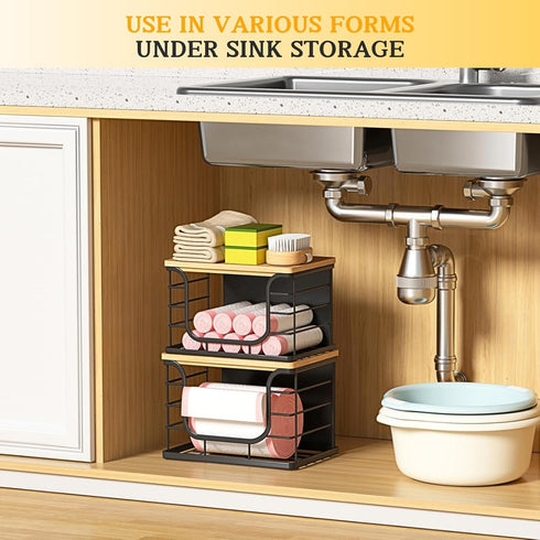 2 Pack Magnetic Shelf for Fridge Trash Bag Organizer, Stackable Garbage Bag Holder with Bamboo Lid, Magnetic Storage