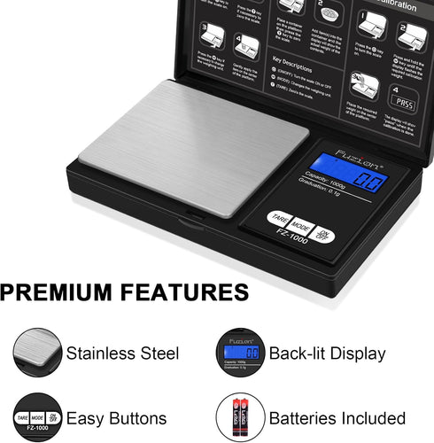 Fuzion Digital Pocket Gram Scale 1000g/0.1g, Small Digital Scales for Grams Ounces Grains, Portable Travel Food Scale