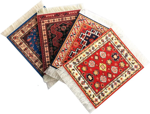 Set of 4 Rug Table Coasters - Oriental Design Fabric Carpet Drink Mats, Absorbent, Rectangular, Red Black Blue