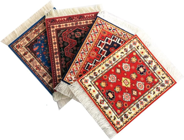 Set of 4 Rug Table Coasters - Oriental Design Fabric Carpet Drink Mats, Absorbent, Rectangular, Red Black Blue