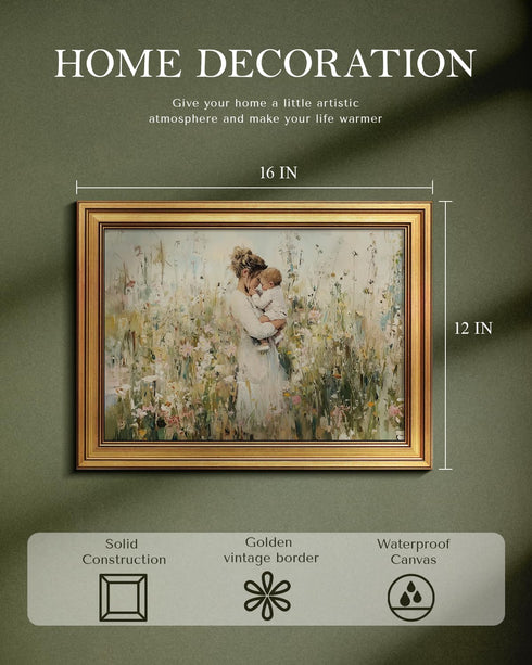 12x16 Vintage Gold Frame Mom Holding Baby Canvas Print Wall Art, Impressionist Framed Motherhood Oil Painting Artwork
