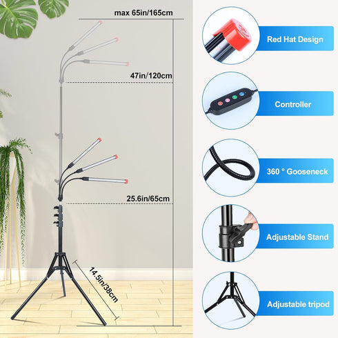 3Head 5-Mode 4/8/12/16/20H, 27 24"-64" Grow Light with Stand, Timer Watt Power Home Plug LED Grow Lights for Indoor