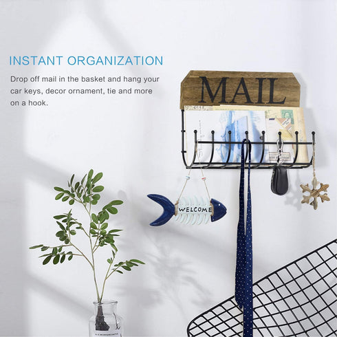 SRIWATANA Rustic Mail Holder Organizer, Key Holder Wall Mount Mail Sorter for Hallway Foyer Home Decoration - Black