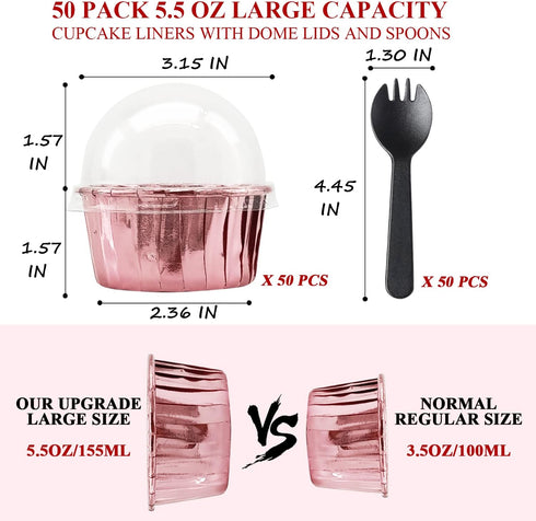 5.5 Oz Foil Muffin Cups 50 Pack, LNYZQUS Jumbo Cupcake Liners with Lids, Disposable Ramekins for Bakery-Rose Gold