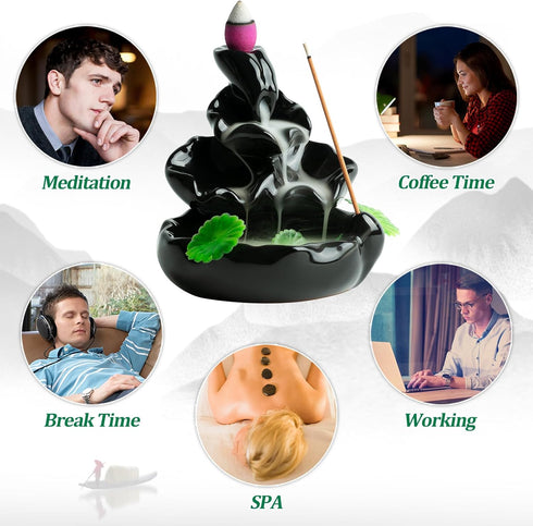 Cute Ceramic Backflow Incense Holder, Waterfall Incense Burner with 48 Incense Cones and 30 Sticks