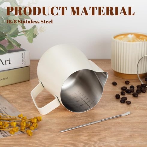 Milk Frothing Pitcher, 20oz Stainless Steel Cup with Clear Scale, Cappuccino Accessories for Barista Coffee Bar