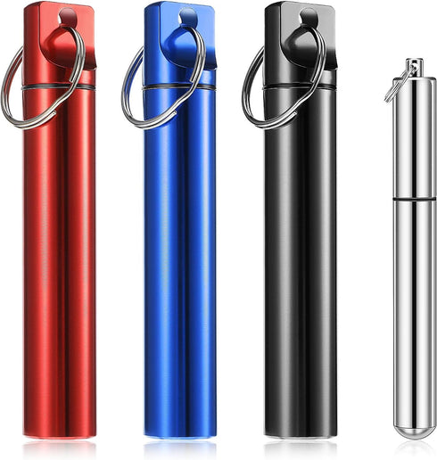 Portable Toothpick Holder 4PCs, Metal Dispenser, Pocket Waterproof Case with Keychain, Travel Purse Ear Wax Removal