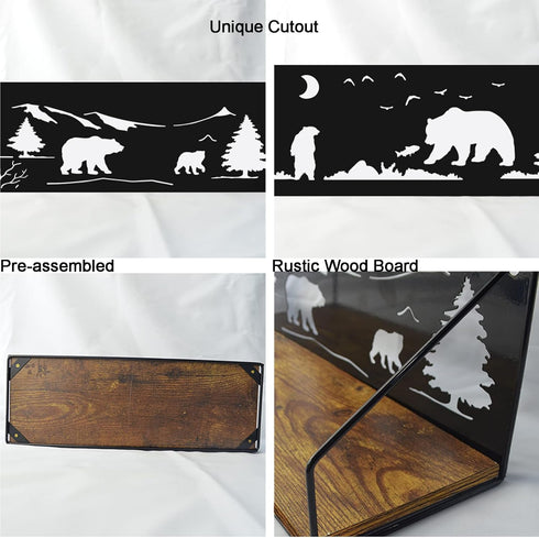 Set 2 Giftgarden Floating Shelves for Wall with Unique Adorable Bears Cutouts, Rustic Wooden Iron Wall Shelf Bear Decor