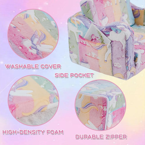 2-in-1 Kids Couch Sofa Toddler Couch Unicorn Glow in the Dark Foldable Kids Sofa Bed Flip Open Toddler Sofa Chair