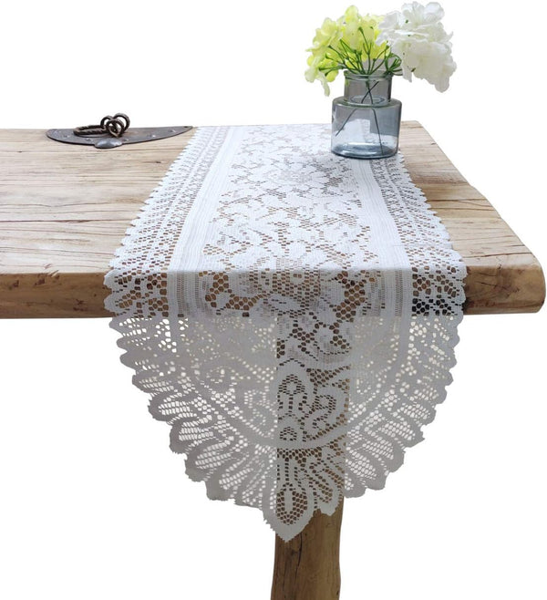 Tinsow 2 Pack Cotton Crochet Lace Rectangular Table Runner, Dresser Scarf Doilies (White Style, 13" X 44")