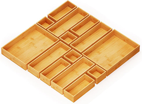 SpaceAid 14-Piece Bamboo Drawer Organizer Storage Boxes Set, Multi-Use Divider Bins for Kitchen, Bathroom, and Office