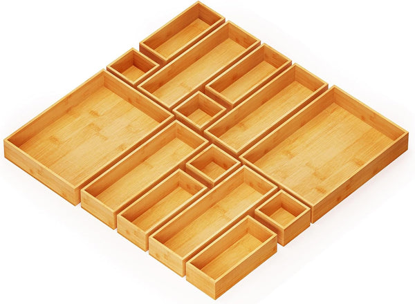 SpaceAid 14-Piece Bamboo Drawer Organizer Storage Boxes Set, Multi-Use Divider Bins for Kitchen, Bathroom, and Office
