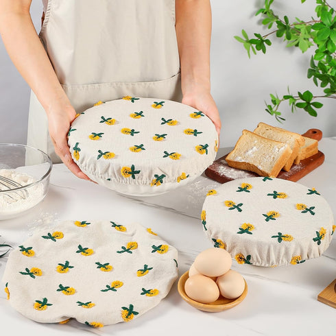 Reusable Bowl Covers for Bread Proofing, Embroidered Daisy Linen Cotton Cloth, Eco-friendly