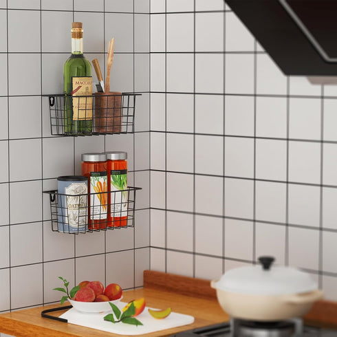 MaraFansie 2 Pack Hanging Kitchen Baskets, Wire Storage Basket Over the Cabinet Door Organizer with Adhesive Strips