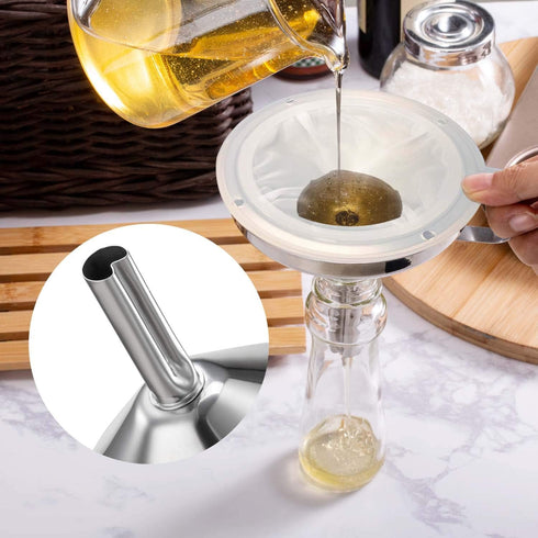 KALAVE Premium Stainless Steel Funnel, 5 Inch Food Grade Kitchen Funnel with 200 Mesh Food Filter Strainer