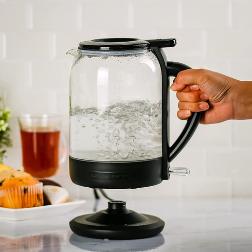 OVENTE Electric Glass Kettle 1.5 Liter, 1500W Instant Hot Water Boiler with ProntoFill Tech, Black KG516B