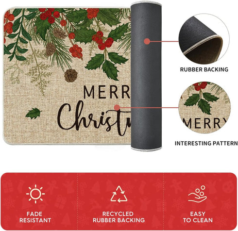 Artoid Mode Leaves Holly Merry Christmas Kitchen Mats - Set of 2 Low-Profile Winter Decor Rugs for Floor