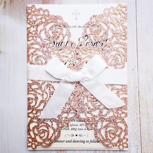 20PCS Laser Cut Wedding Invitations Cards 5 x 7.28 with Hollow Rose and Ivory Ribbons for Bridal Shower