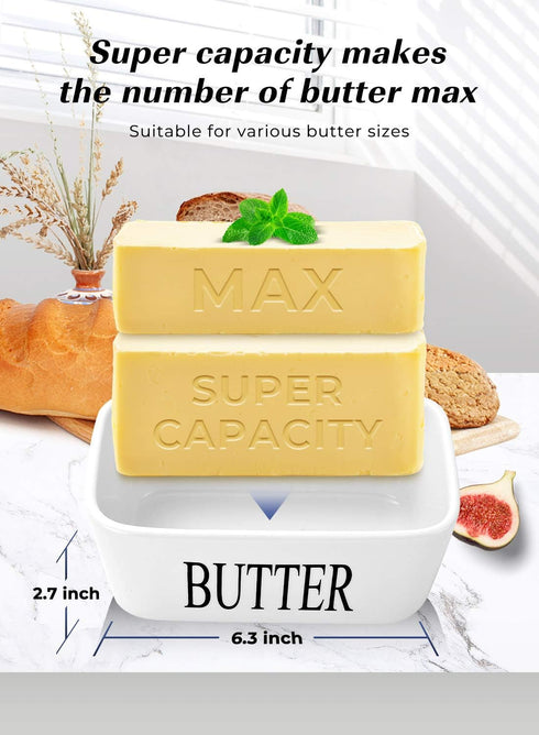 Large Butter Dish with Lid, Ceramic Butter Keeper for 2 Sticks, Includes Knife and Sponge Scrubber, White
