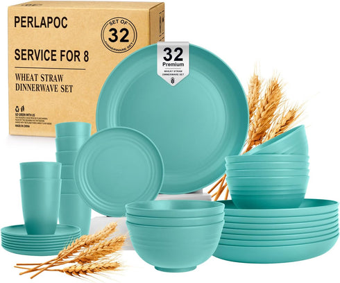 Wheat Straw Dinnerware Sets, 32 PCS Dishes Set for 8, Unbreakable Plates