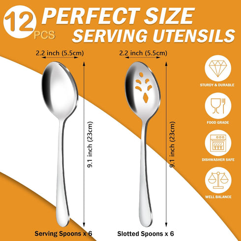 BEWOS 12-Piece Serving Spoons Set, 6 Serving Spoons and 6 Slotted Spoons, 9.1-Inch Serving Utensils Set for Parties, Serving Spoons Stainless Steel, Dishwasher Safe, Large Serving Spoons For Buffet